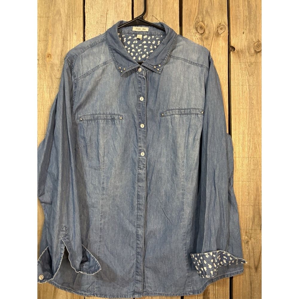 Per Se Women's 2X Chambray Denim Button Front Shirt Blue Floral Lined‎ Plus Size